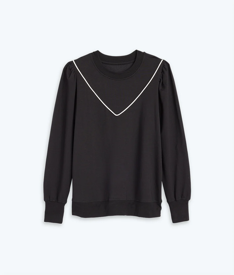 The Softest French Terry Contrast Puff-Sleeve Pullover - Sea Urchin & White Sand