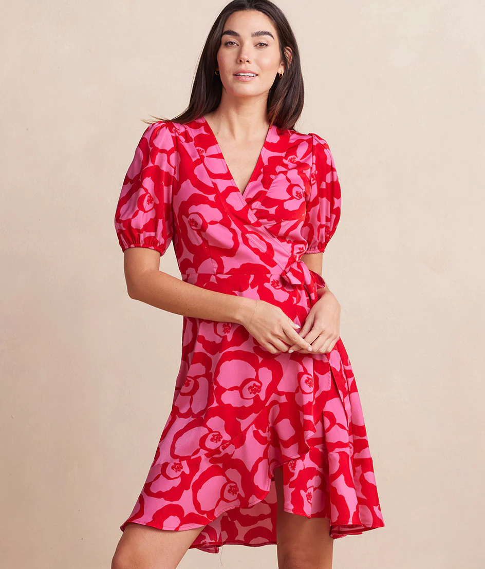 The Silky Luxe Puff Sleeve Beach to Brunch Wrap Dress - Pop Floral in Lava