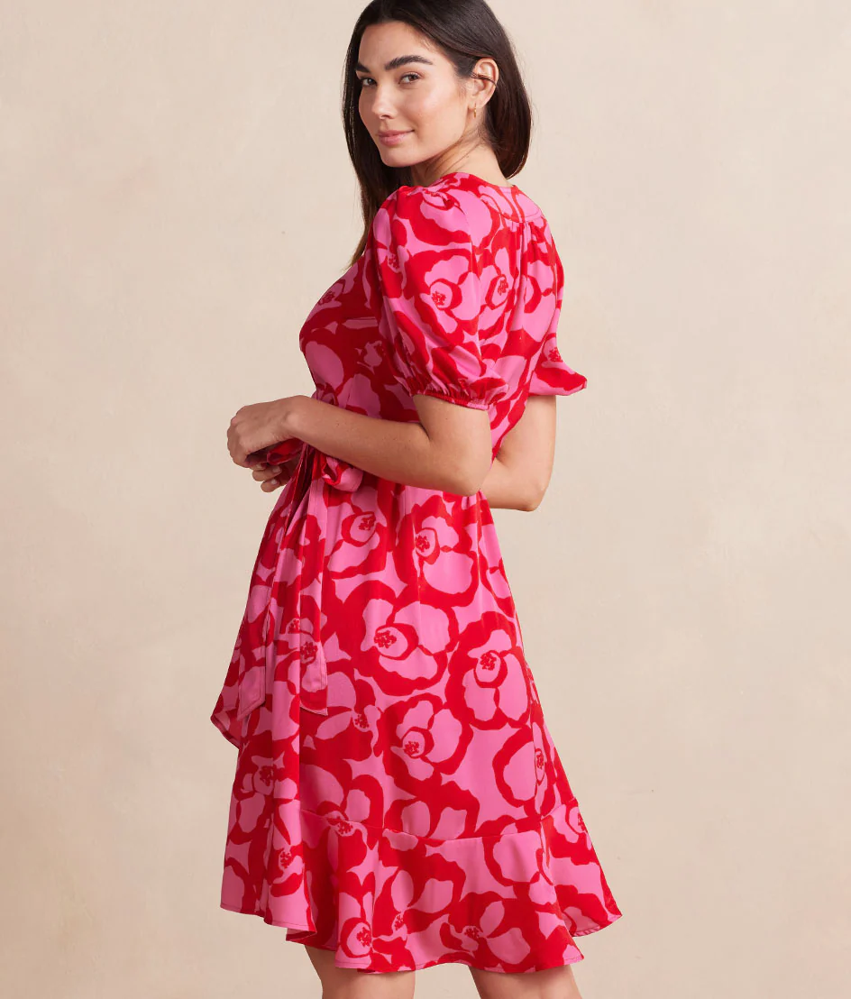 The Silky Luxe Puff Sleeve Beach to Brunch Wrap Dress - Pop Floral in Lava