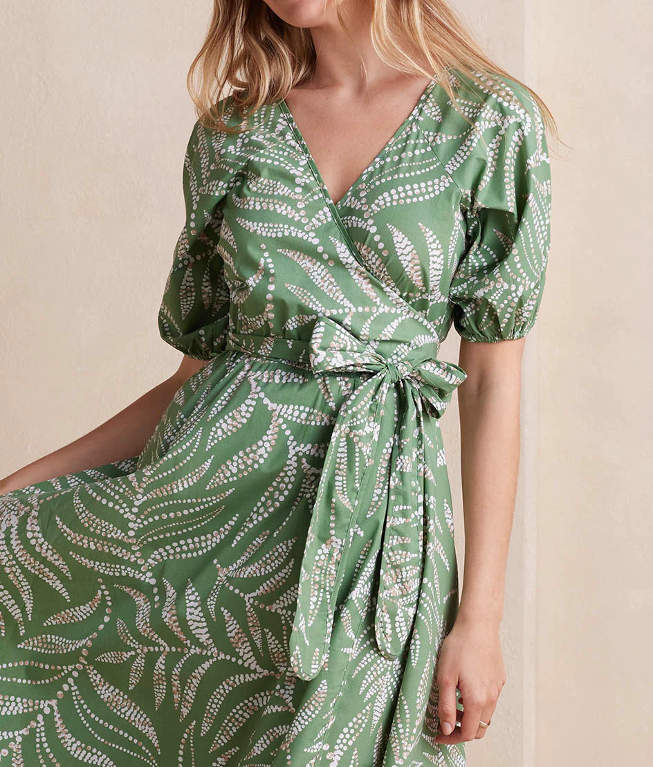 10084-The-Coastal-Poplin-Puff-Sleeve-Wrap-Midi-Dress-Dotted-Palms-in-Seagreen-White-Sand-4.webp The Coastal Poplin Puff-Sleeve Wrap Midi Dress - Dotted Palms in Seagreen & White Sand