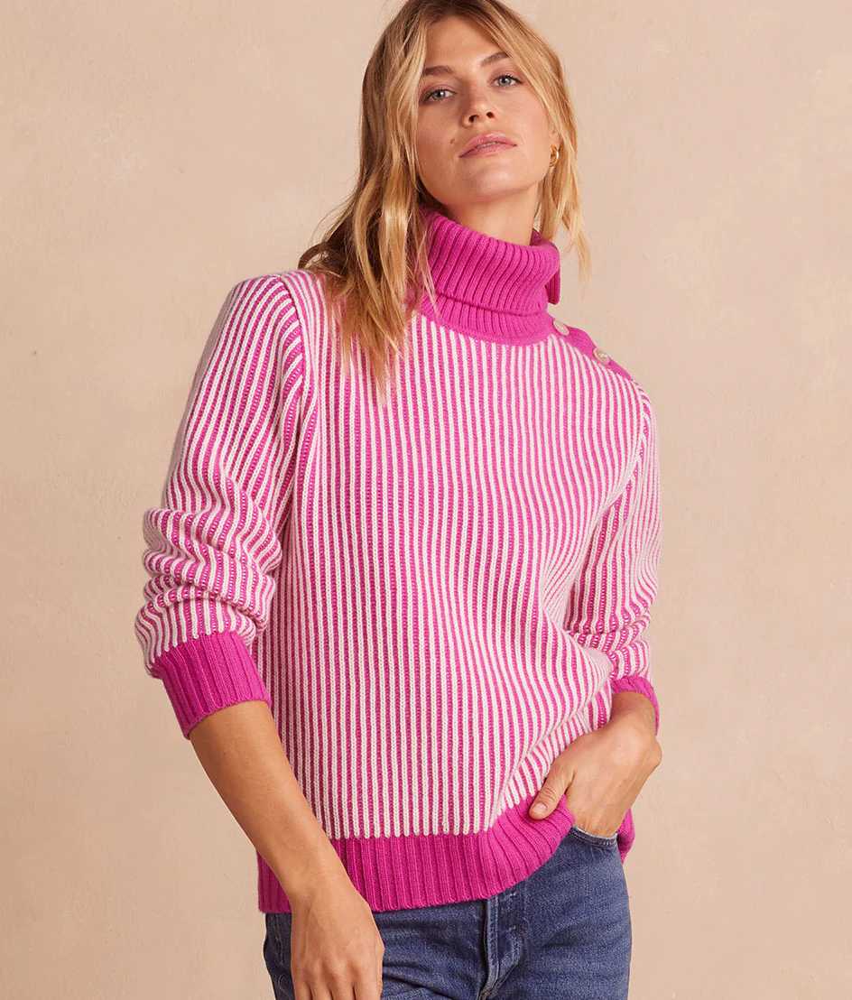 The Luxe Cashmere Blend Two-Tone Button Neck Sweater - Hibiscus & Dune