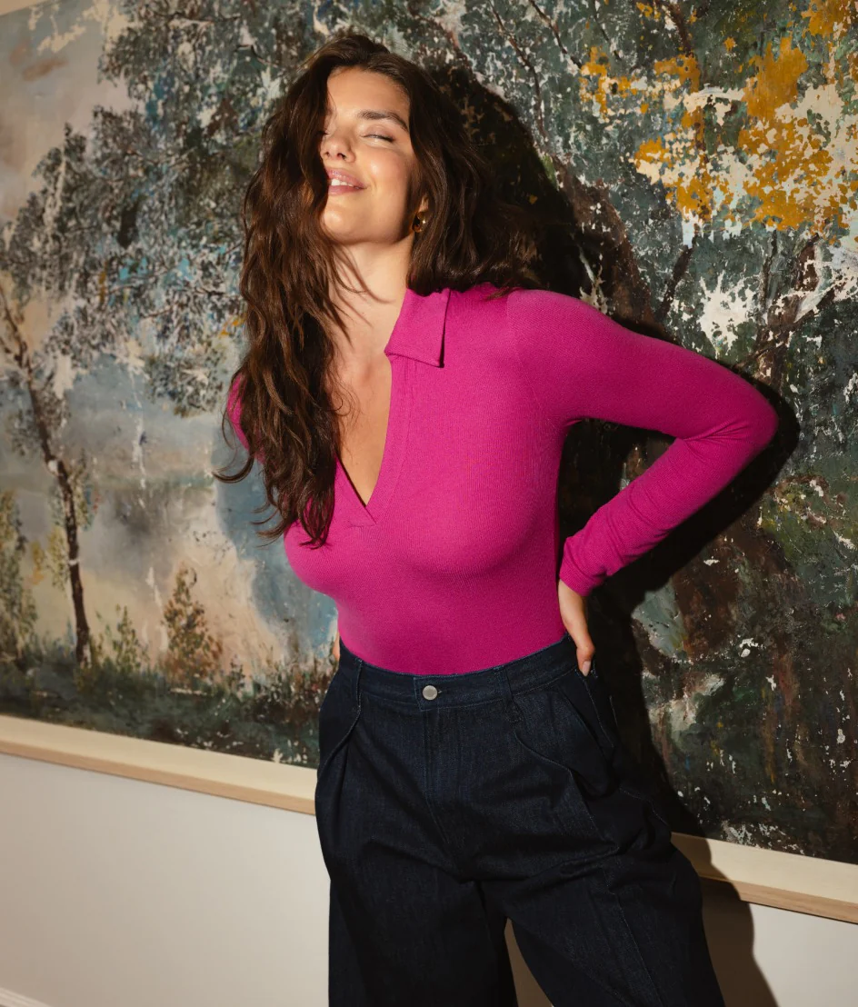 The Essential Long Sleeve Collared Bodysuit - Hibiscus