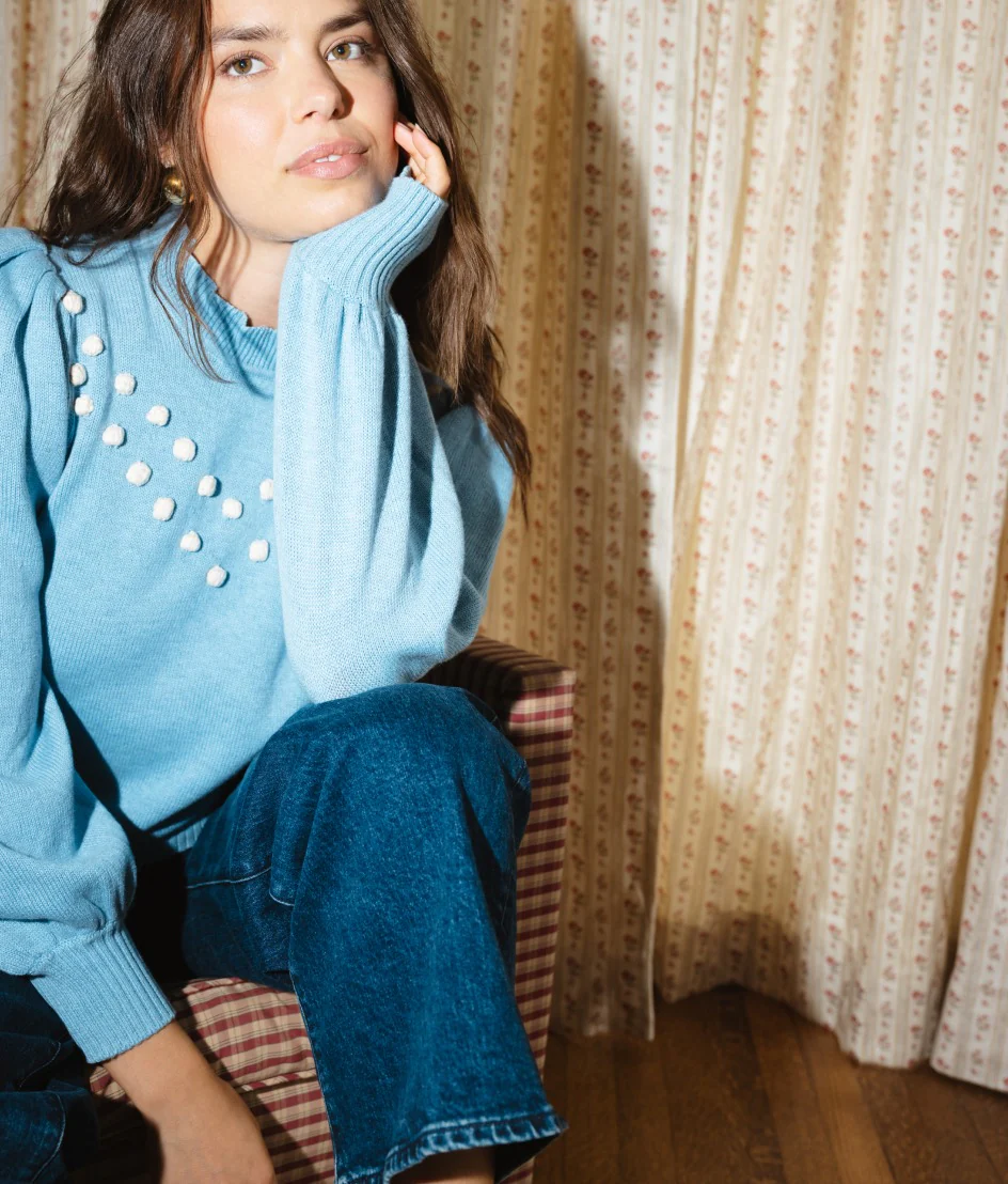 The Year-Round Balloon Sleeve Pompom Sweater - Glacier