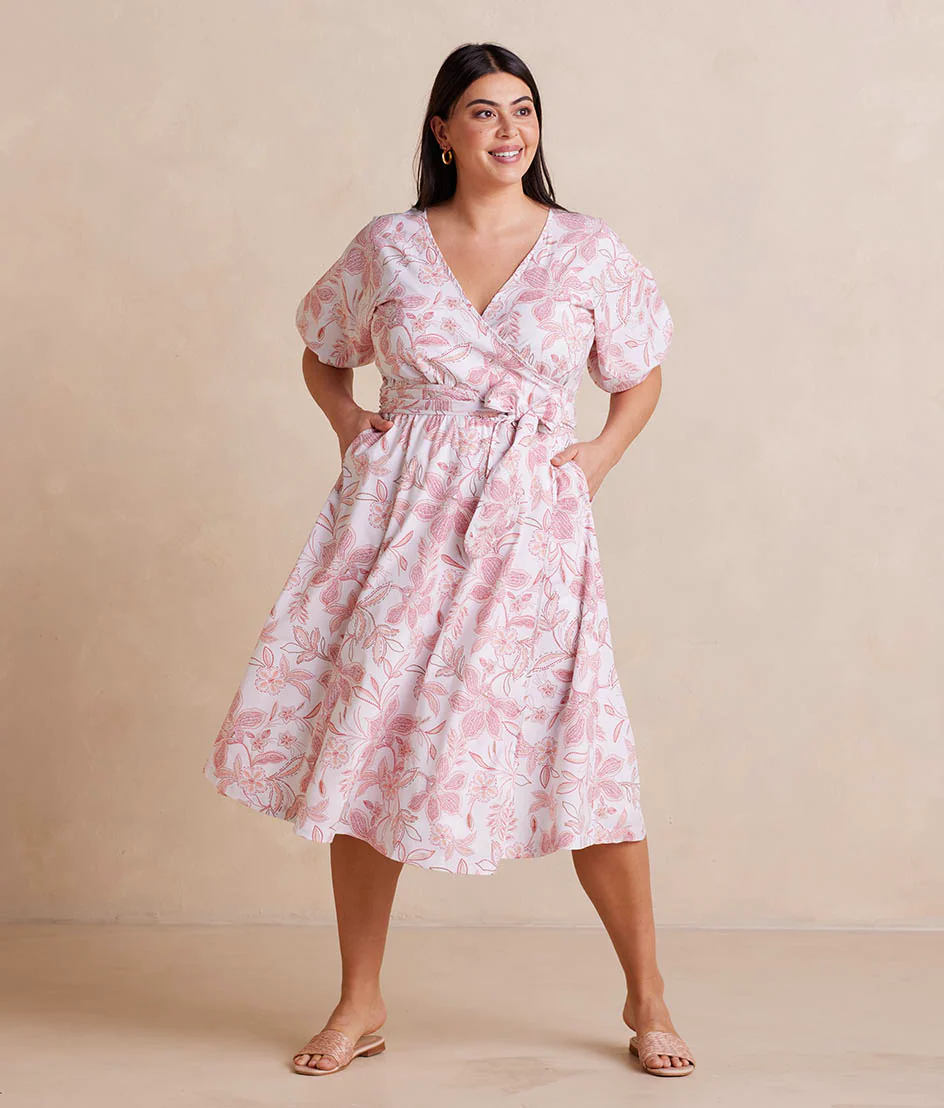 The Coastal Poplin Puff-Sleeve Wrap Midi Dress - Batik Floral in Faded Rose & White Sand
