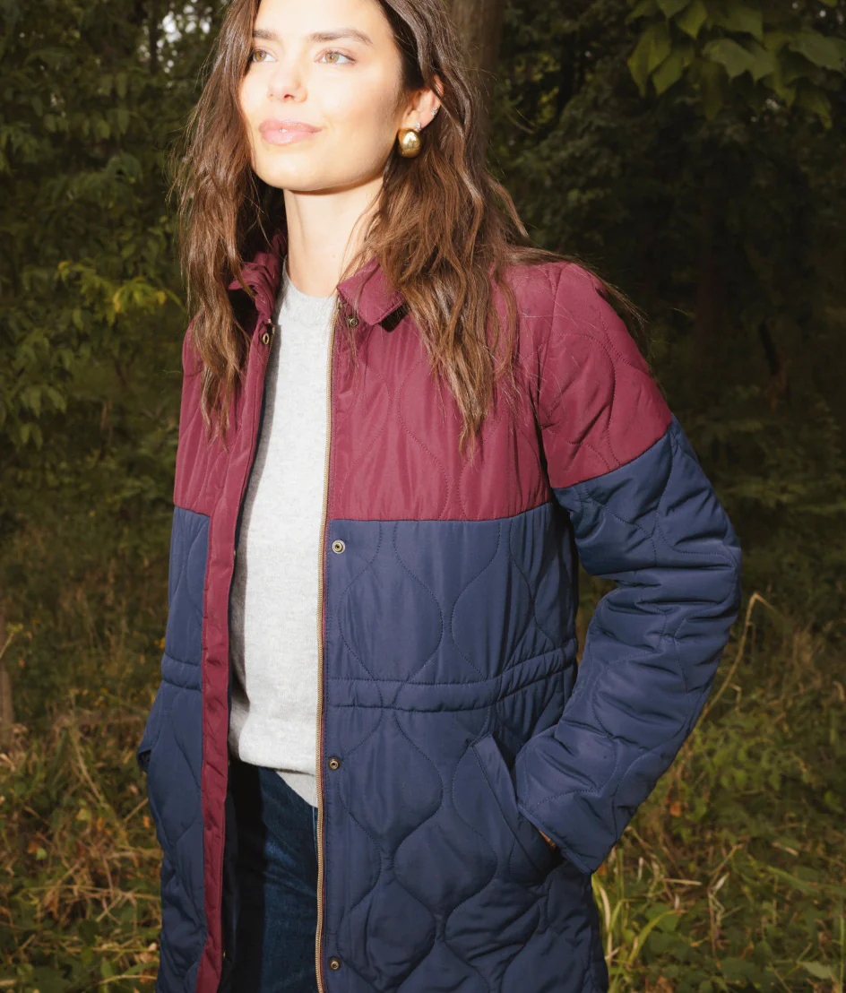 The Long Colorblock Eco Quilted Coat - Midnight & Black Cherry