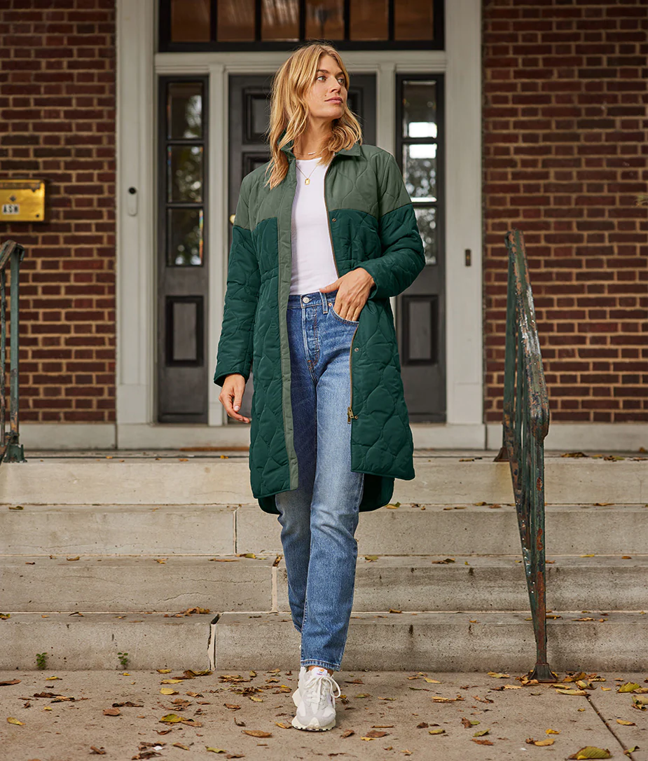 The Long Colorblock Eco Quilted Coat - Olive & Eden