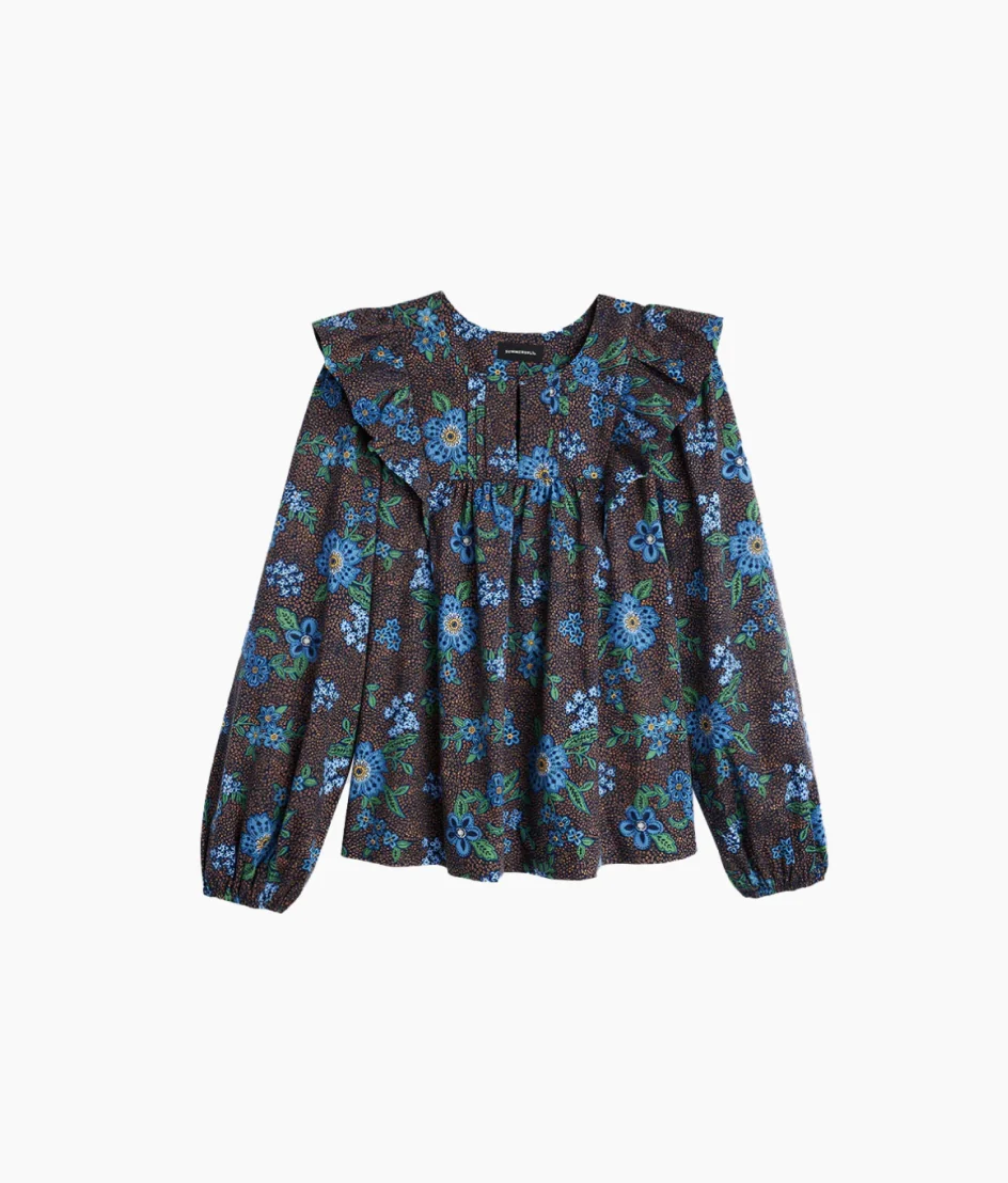 The Countryside Poplin Ruffle Blouse - Rustic Floral in Midnight