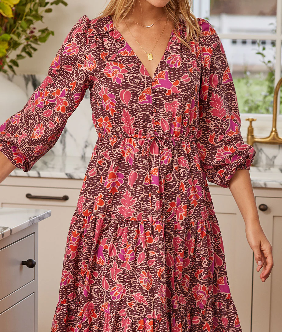 The Countryside Poplin Button Down Midi Dress - Vineyard Blooms in Pinot
