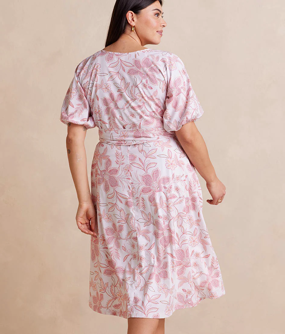 The Coastal Poplin Puff-Sleeve Wrap Midi Dress - Batik Floral in Faded Rose & White Sand