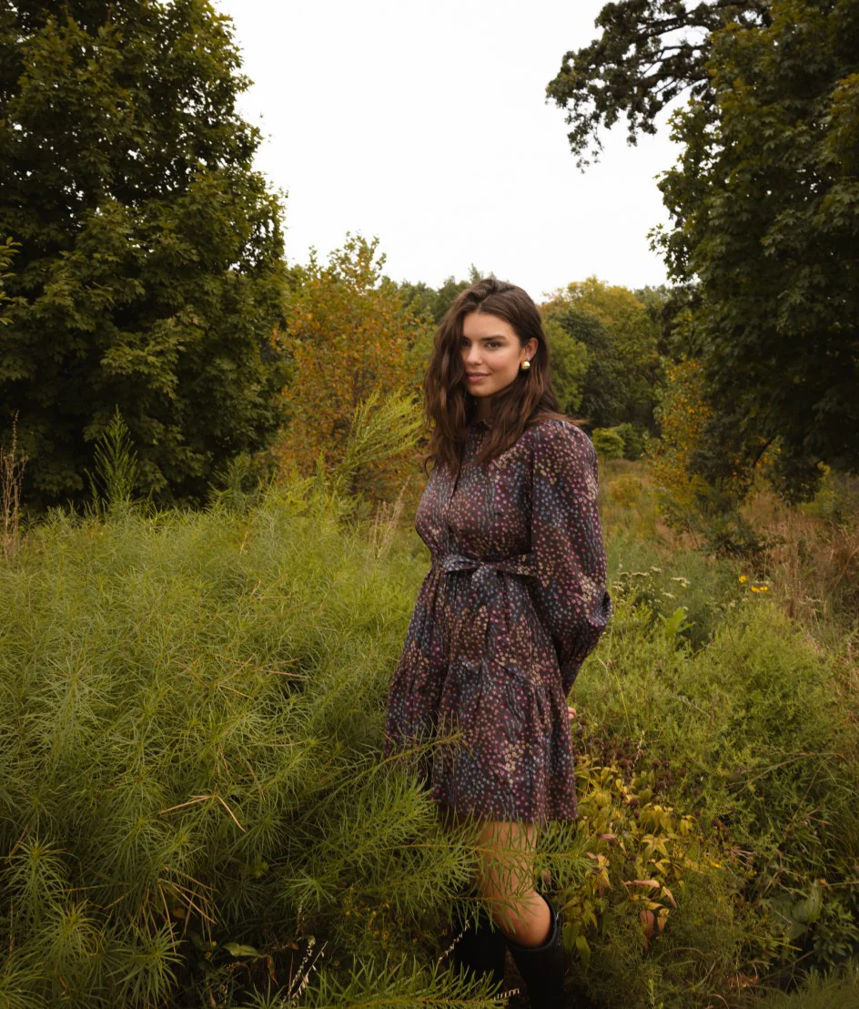 The Countryside Poplin Tiered Shirtdress - Floral Prairie in Chocolate