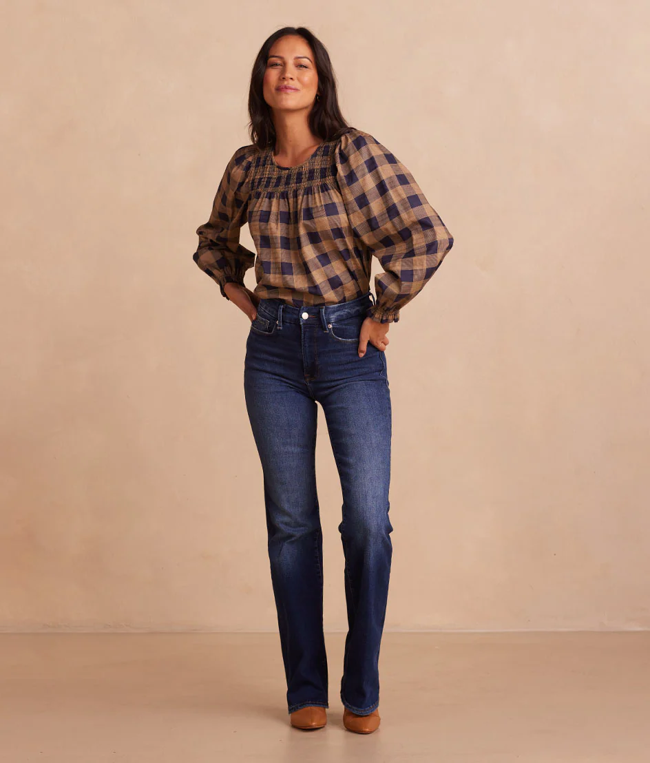 The Perfect Smocked Cotton Top - Buffalo Check in Midnight & Toffee