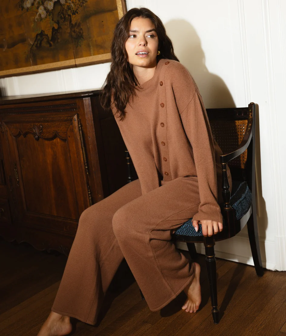 The Luxe Cashmere Blend Button Crewneck - Praline