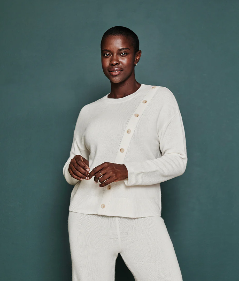 The Luxe Cashmere Blend Button Crewneck - White Sand