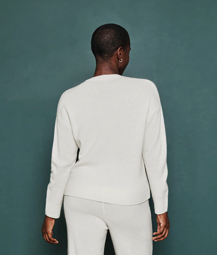 The Luxe Cashmere Blend Button Crewneck - White Sand