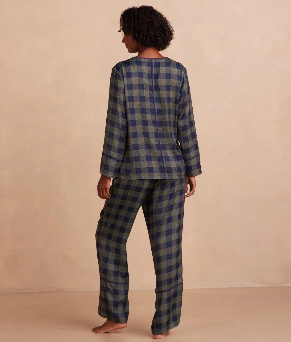 The Cloud 9 Silky Pajama Set - Buffalo Check in Deep Sea & Gold