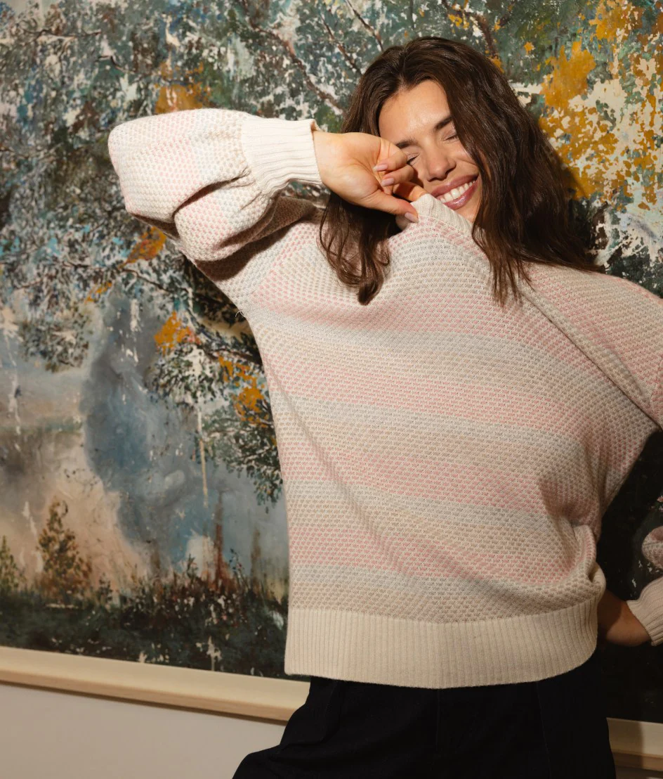 The Coziest Cashmere Blend Soft Stripe Sweater - Pastel Soft Stripe