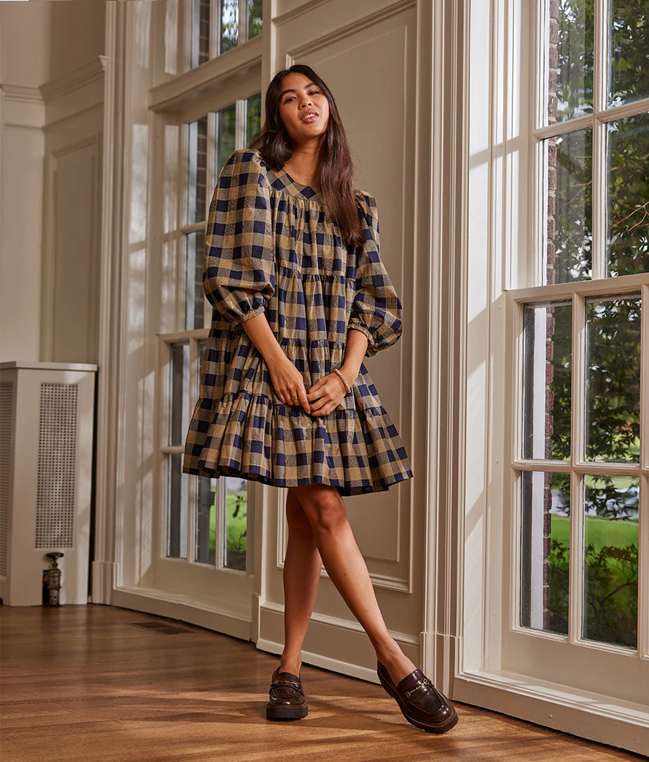 The Tiered Mini Dress - Buffalo Check in Midnight & Toffee