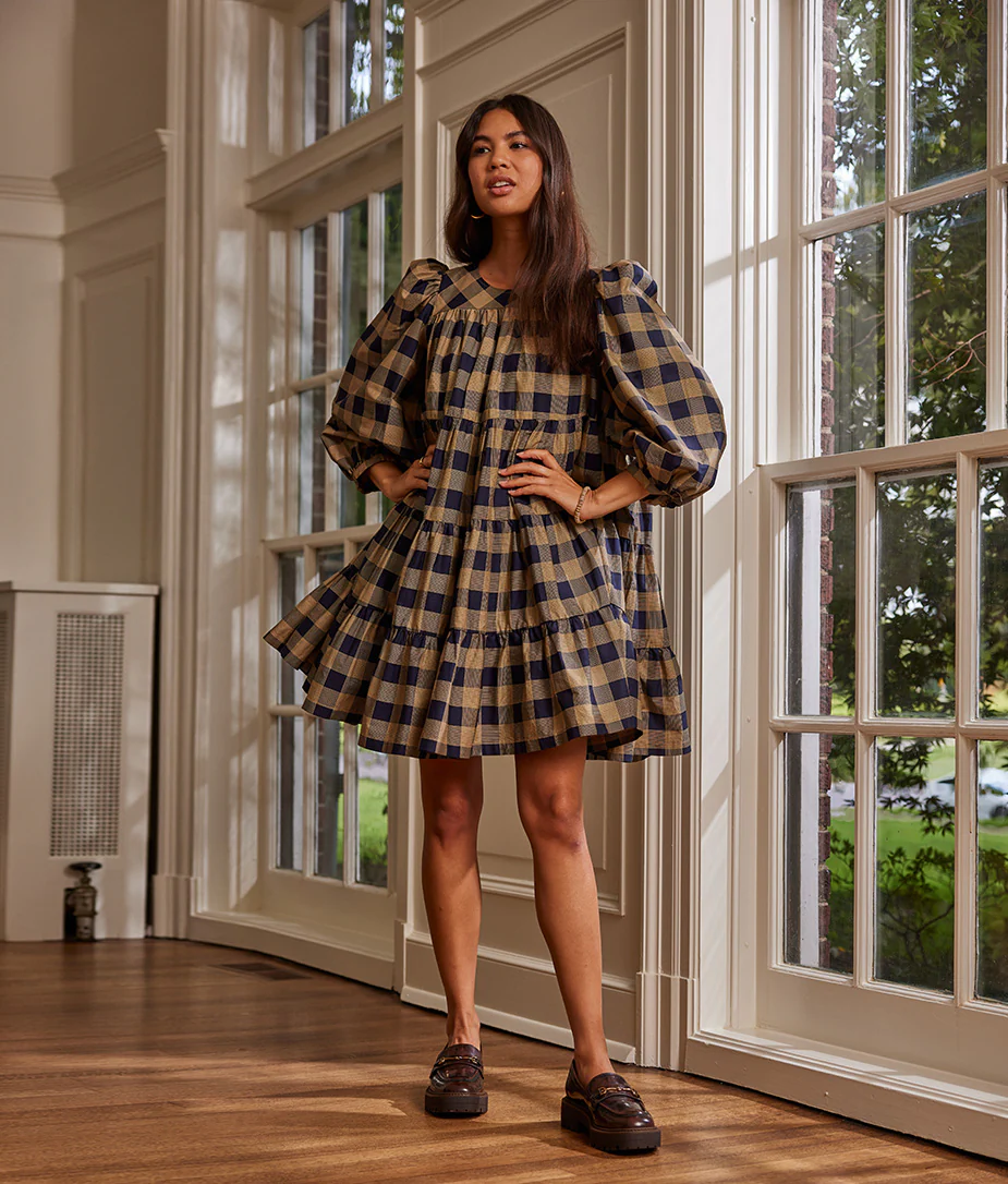 The Tiered Mini Dress - Buffalo Check in Midnight & Toffee