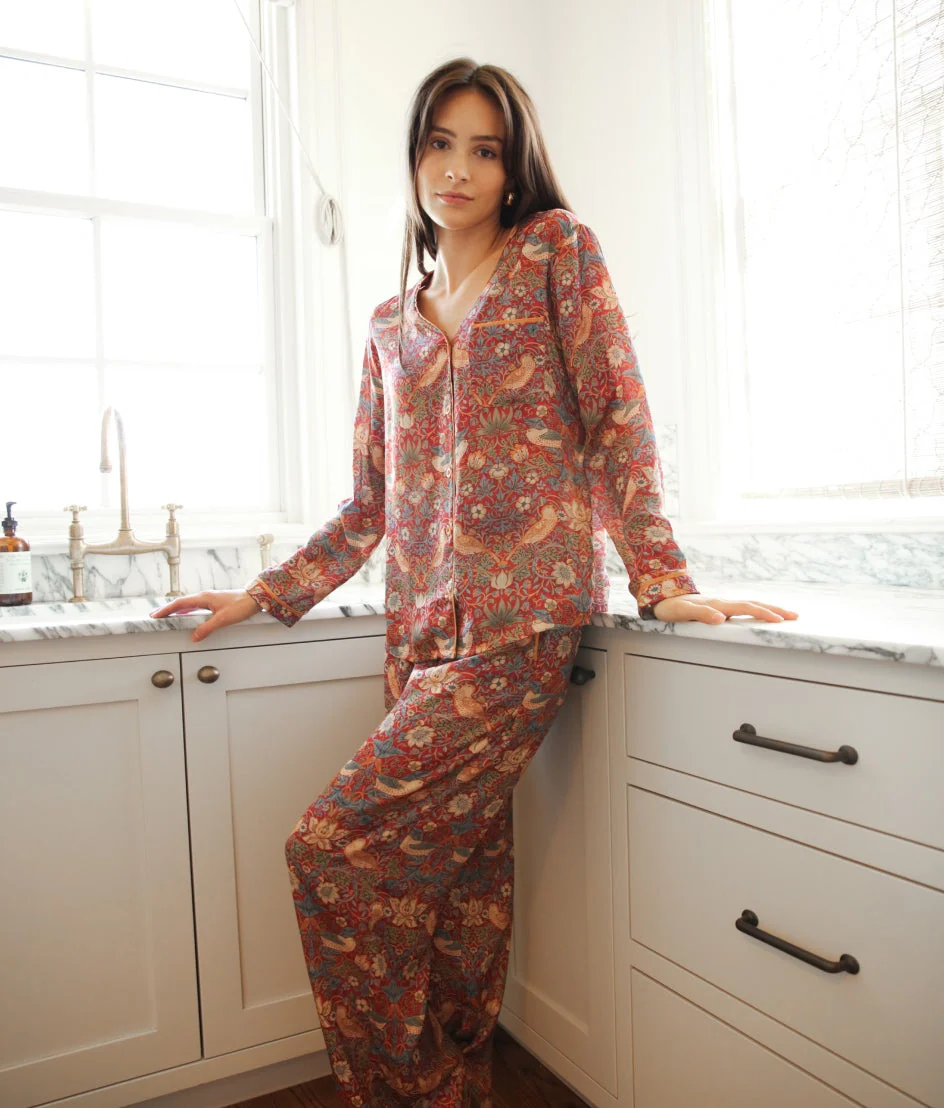 The Silky Luxe Pajama Set - Strawberry Thief in Crimson & Slate