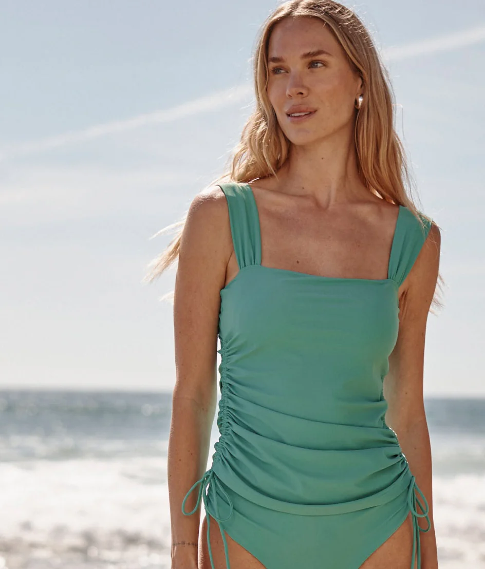 The Cinched Square Neck Tankini Top - Ocean Jade