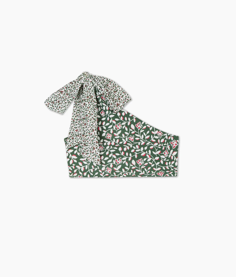 The Bow-Shoulder Ruched Sidestroke Bikini Top - Twilight Floral in Olive