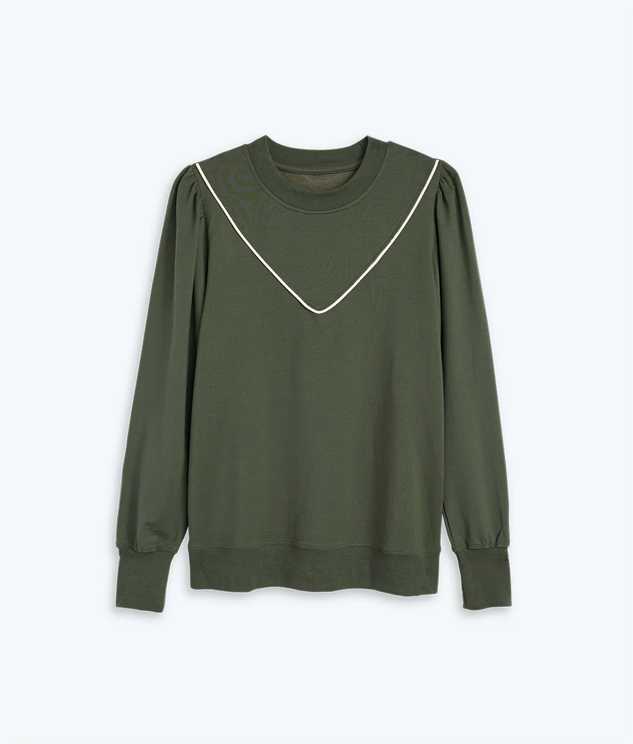The Softest French Terry Contrast Puff-Sleeve Pullover - Olive & White Sand