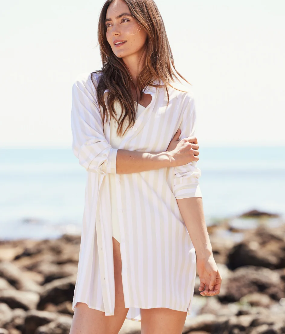 The Silky Luxe Short Effortless Shirtdress Cover-Up - Beach Stripe in Sandshell