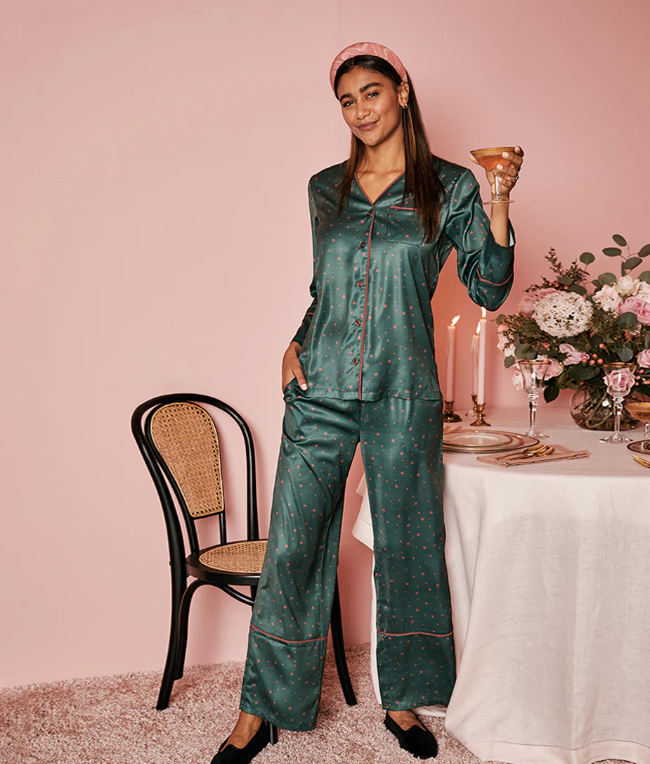 The Cloud 9 Silky Pajama Set - Celestial Dot in Eden & Rosewood