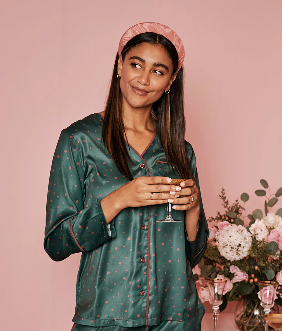 The Cloud 9 Silky Pajama Set - Celestial Dot in Eden & Rosewood