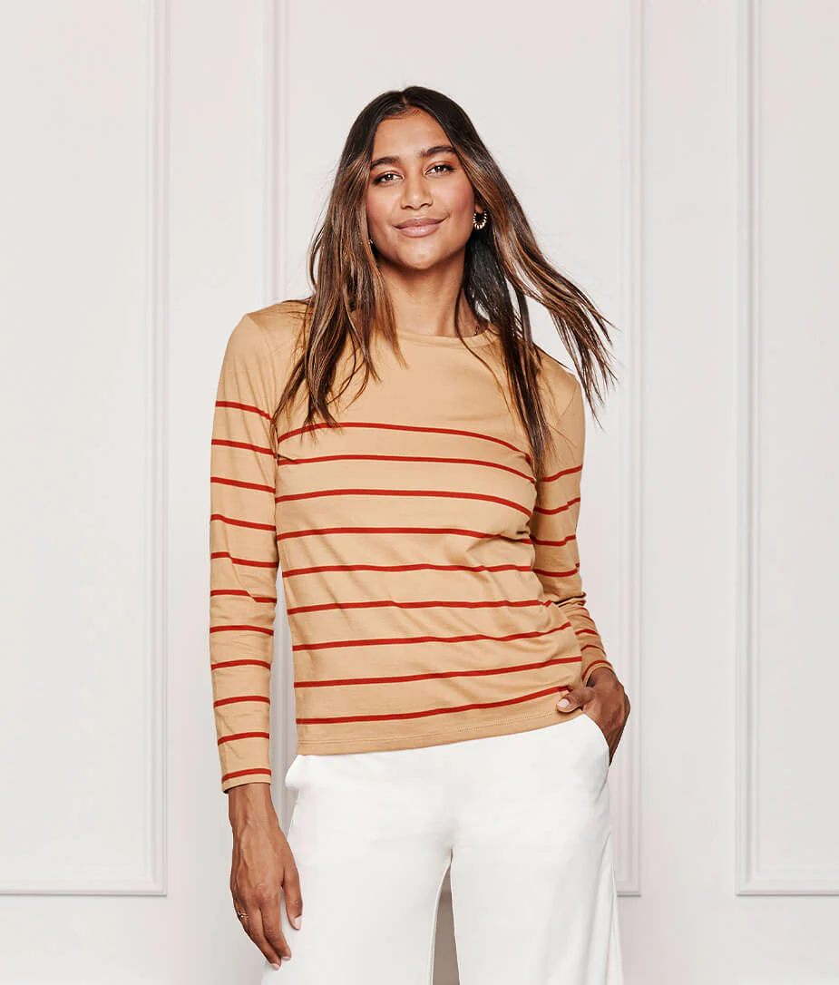 The Luxe Pima Long Sleeve Tee - Toffee & Lava Stripe