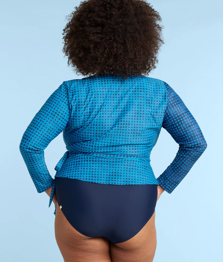 The Perfect Wrap Long Sleeve Cover-Up - Mixed Gingham in Calypso & Deep Sea
