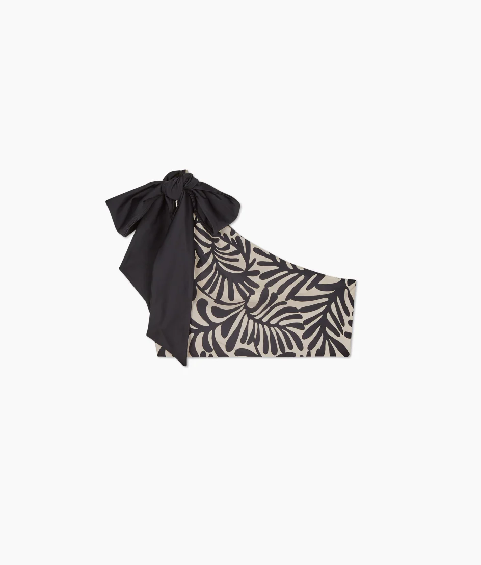 The Bow-Shoulder Ruched Sidestroke Bikini Top - Abstract Palm in Sea Urchin & White Sand