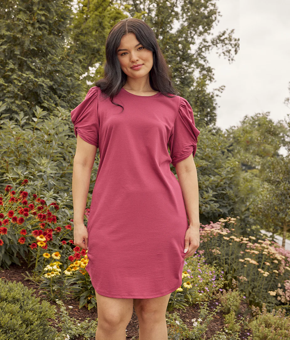 The Luxe Pima Twist-Sleeve T-Shirt Dress - Currant