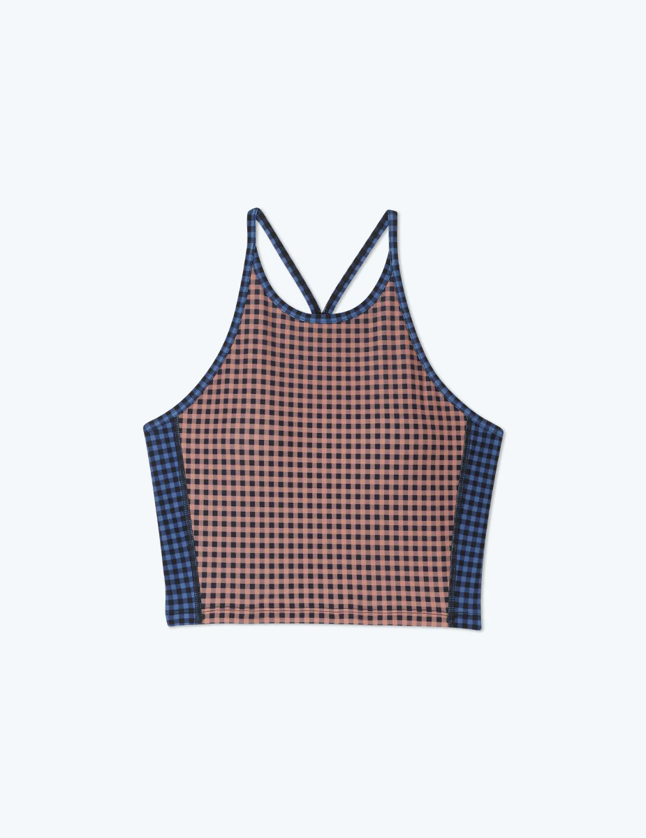 The High Neck Midi Sports Bra Tank - Gingham in Blue Mountain & Toffee