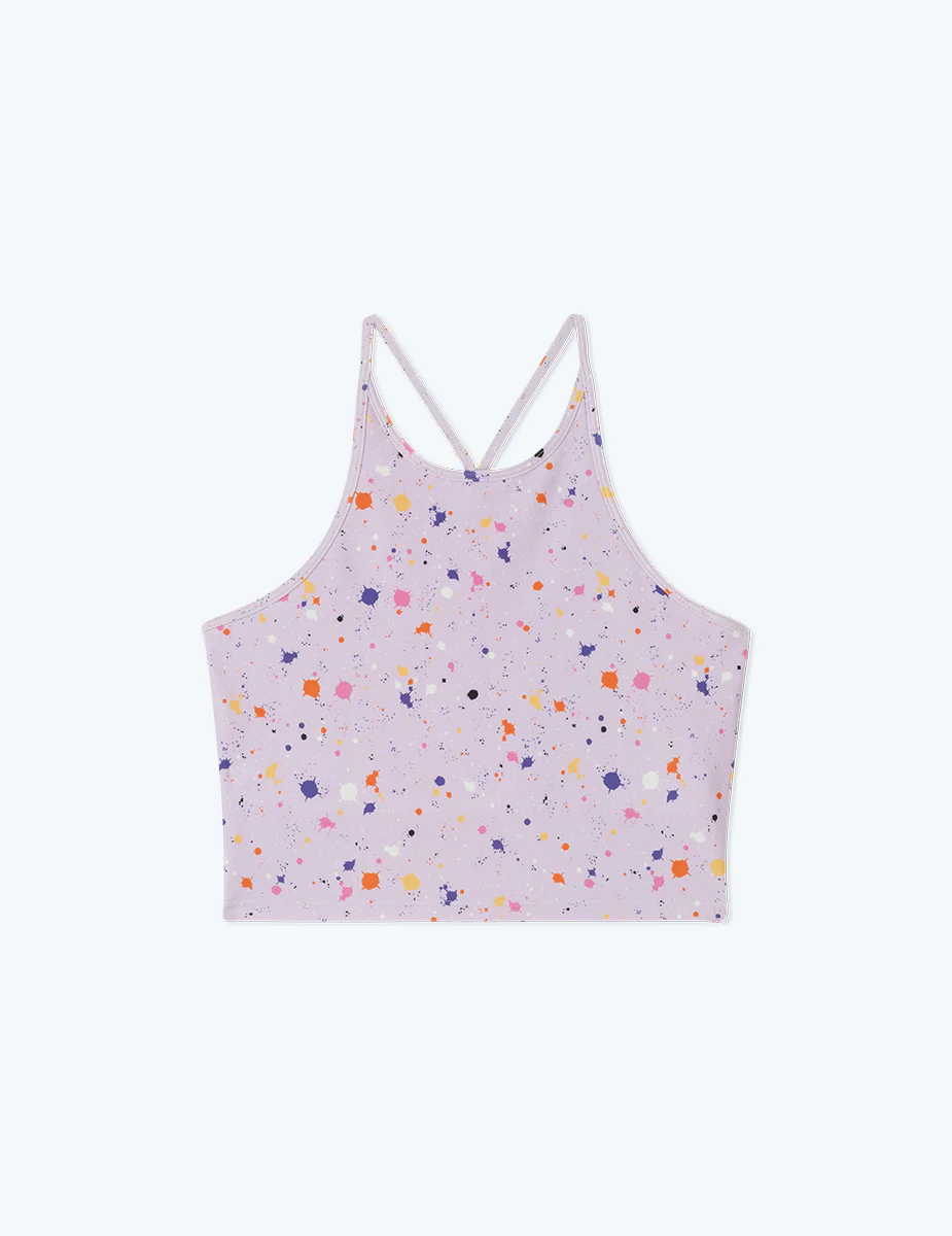 The High Neck Midi Sports Bra Tank - Paint Splatter in Lilac