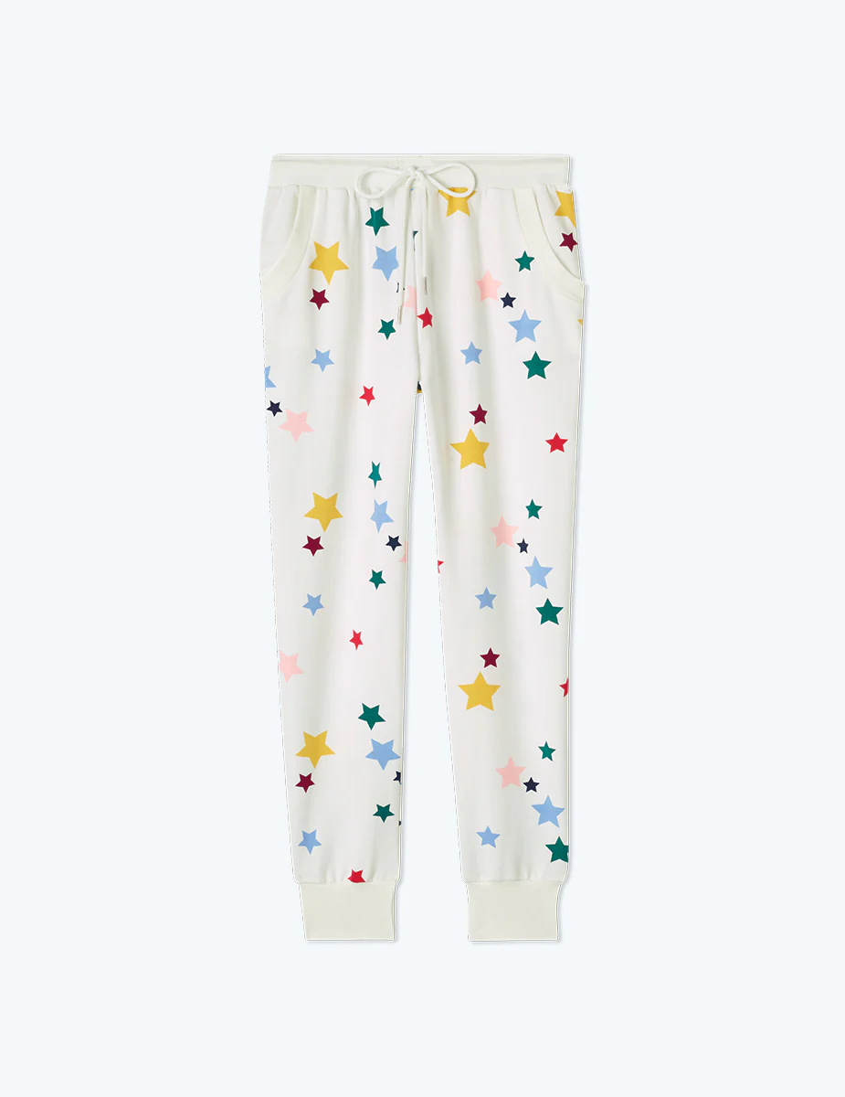 The Softest French Terry Jogger - Scatter Stars in White Sand