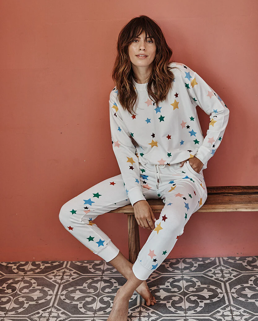 The Softest French Terry Jogger - Scatter Stars in White Sand