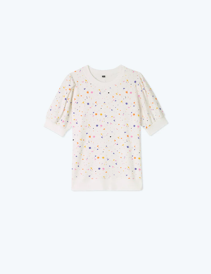The Softest French Terry Puff Short Sleeve Top - Paint Splatter in White Sand