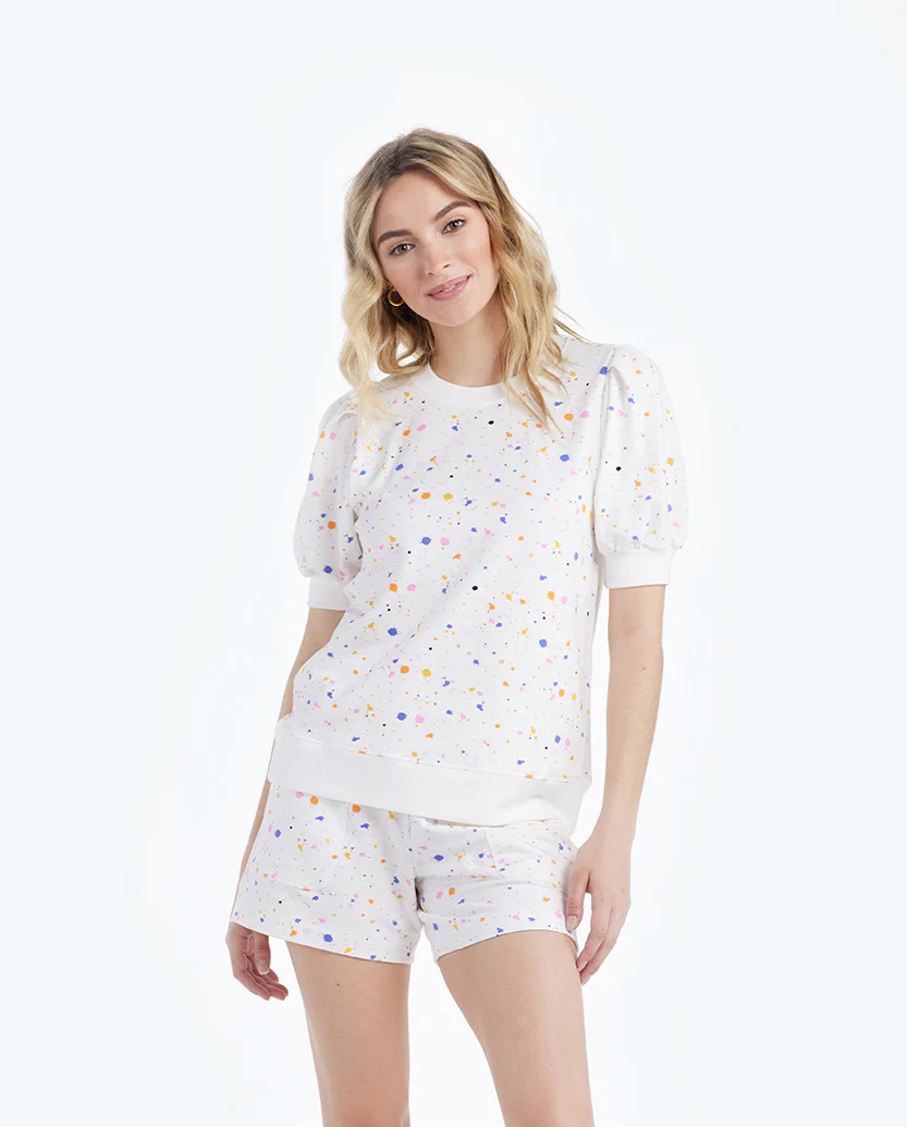 The Softest French Terry Puff Short Sleeve Top - Paint Splatter in White Sand