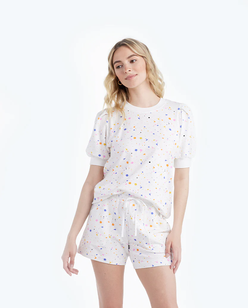 The Softest French Terry Lounge Shorts - Paint Splatter in White Sand