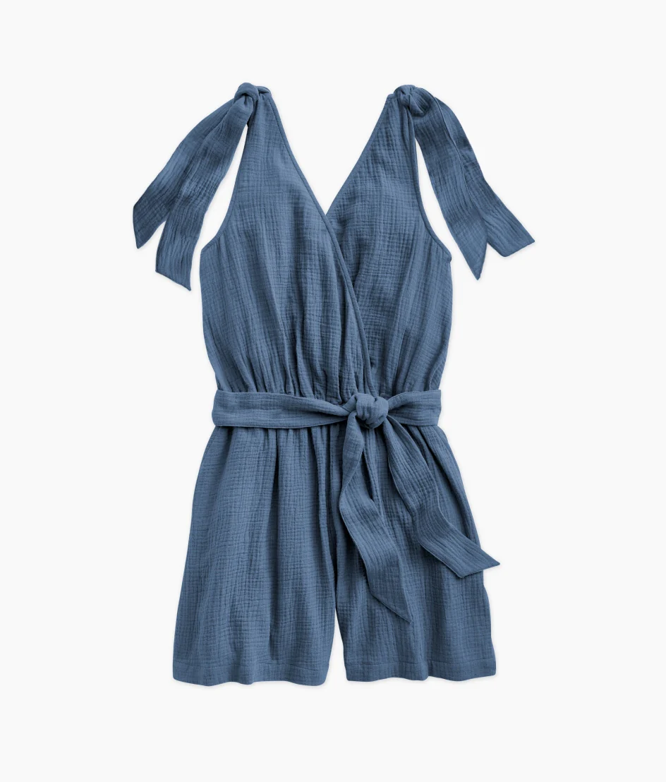 The Going Places Gauze Tie-Shoulder Romper - Cyprus Blue