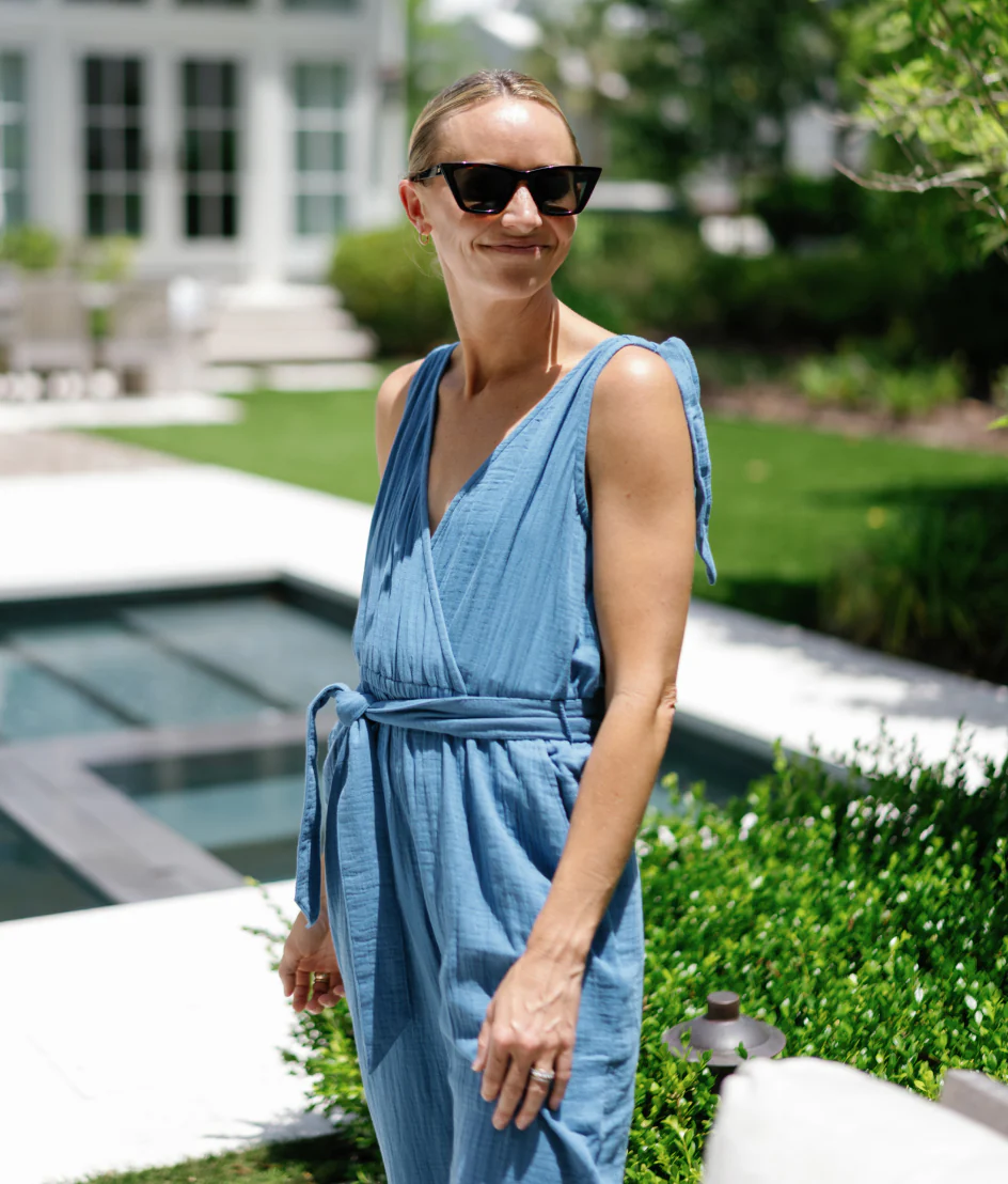 The Going Places Gauze Tie-Shoulder Jumpsuit - Cyprus Blue