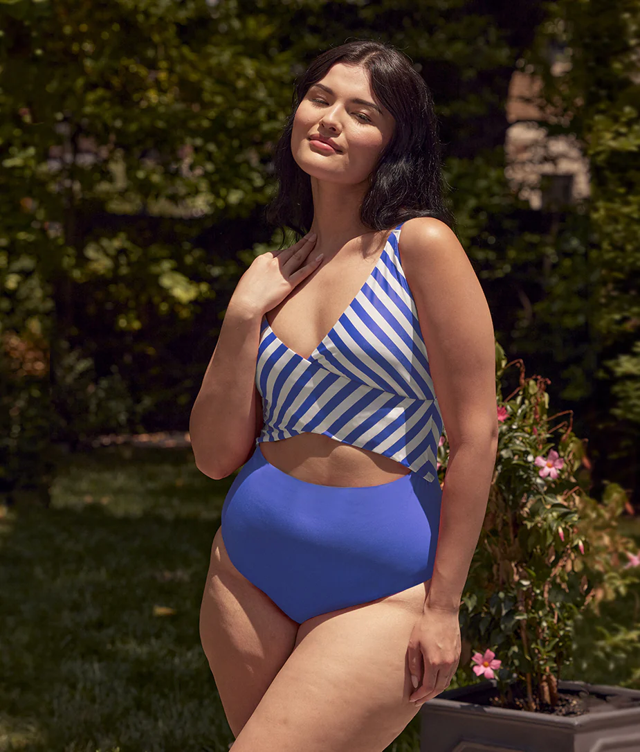 The Sea Breeze Cutout One-Piece - Mixed Stripe in Hydrangea & White Sand
