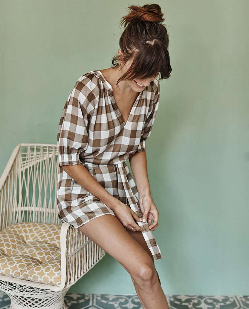 The Silky Paper Bag Short - Gingham in Cafe au Lait
