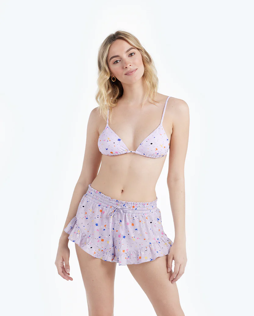 7957-The-Silky-Ruffle-Shorts-Paint-Splatter-in-Lilac-4.webp The Silky Ruffle Shorts - Paint Splatter in Lilac