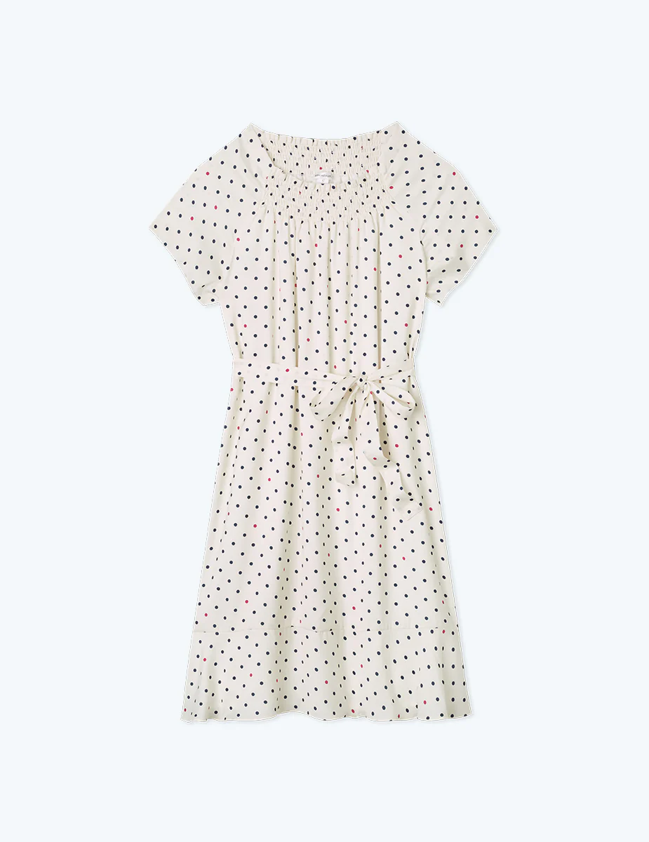 The Silky Flutter Sleeve Dress - White Sand Dot