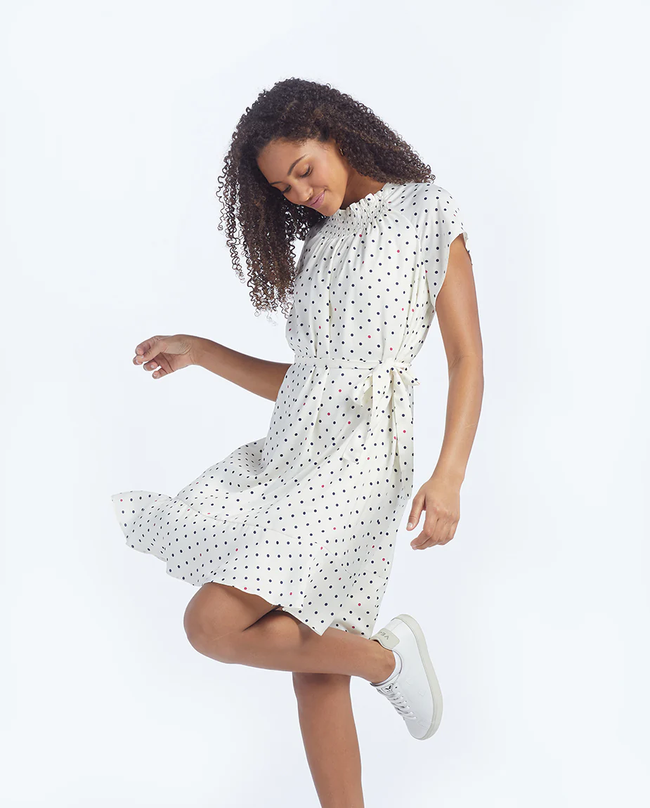 The Silky Flutter Sleeve Dress - White Sand Dot