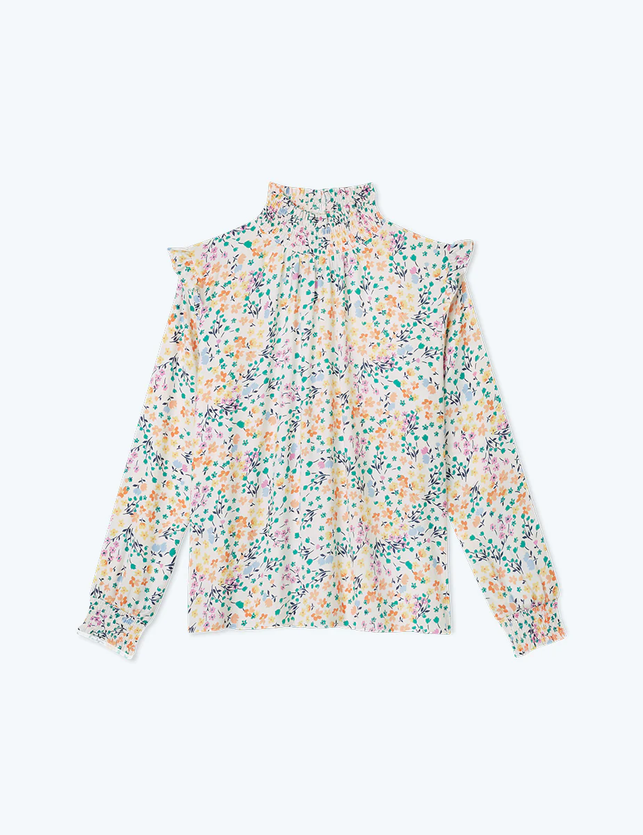 The Silky Mock Neck Blouse - Wildflower Fields in Sunshine & Coral
