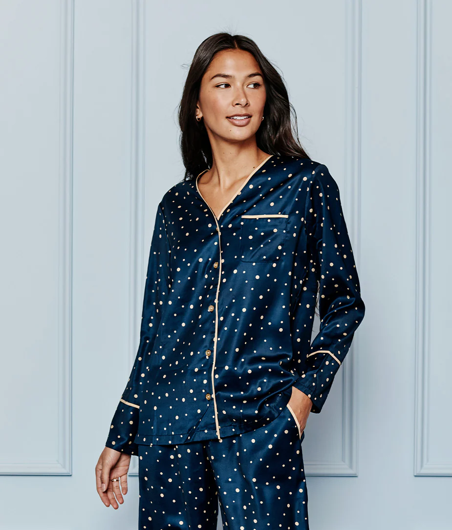 The Cloud 9 Silky Pajama Set - Celestial Dot in Deep Sea & Gold
