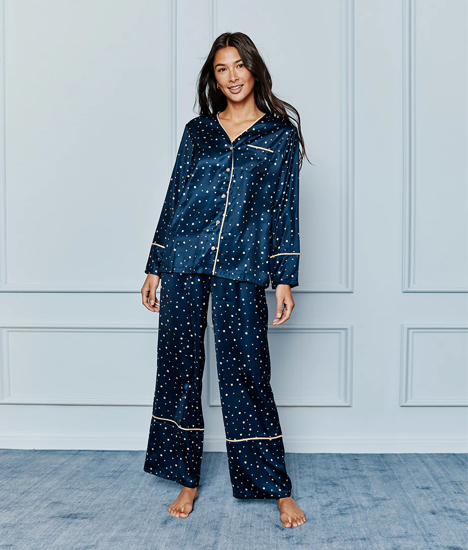 The Cloud 9 Silky Pajama Set - Celestial Dot in Deep Sea & Gold